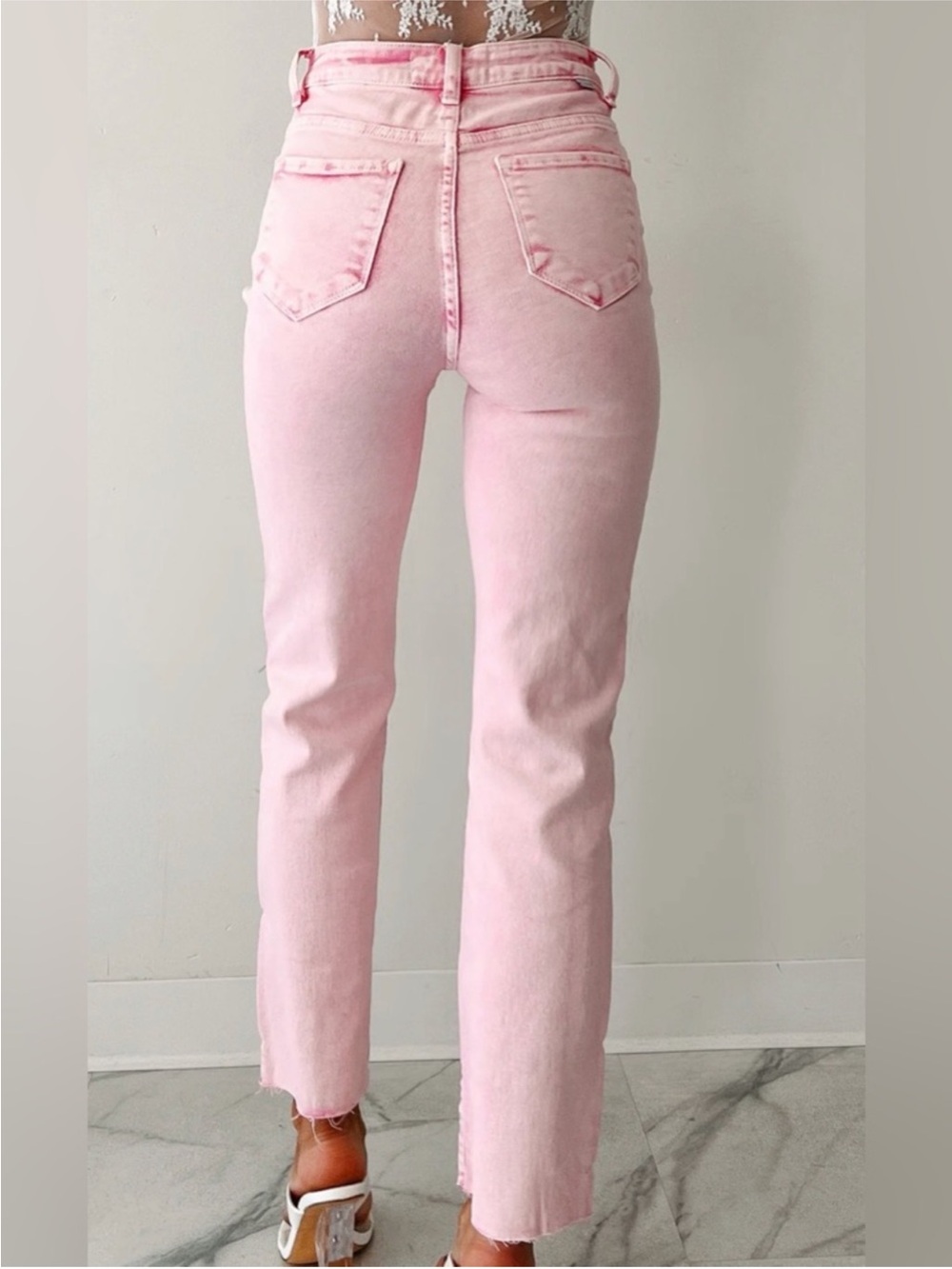Risen Acid Pink High-Rise Straight Leg Jeans with Raw Hem - Picture 4 of 12